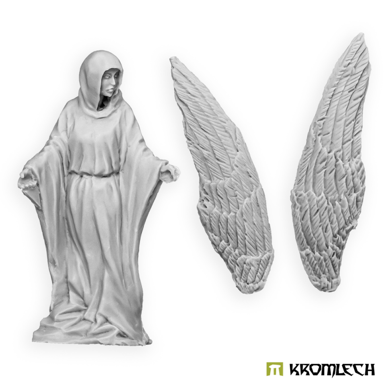 Kromlech Hive City Angel Statue unpainted resin parts: the hooded, robed body and two separate wings