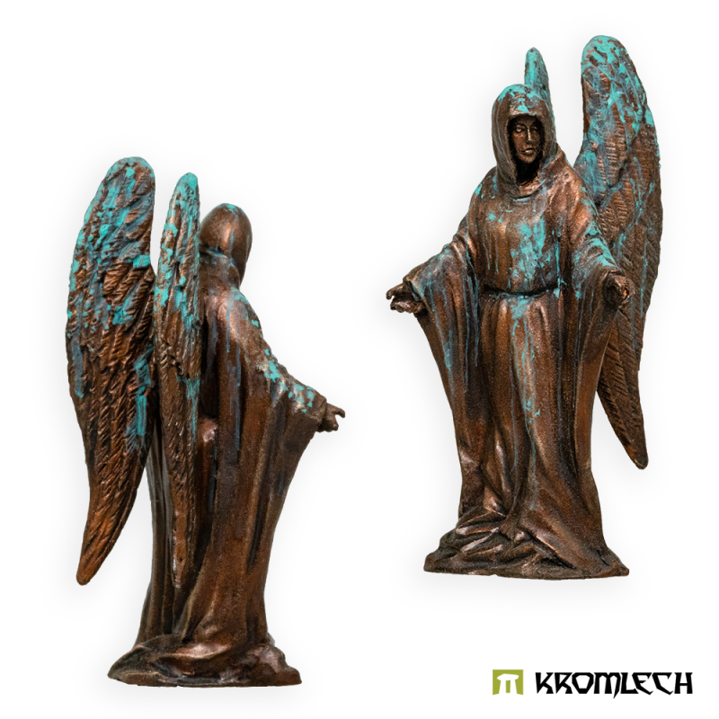 Kromlech Hive City Angel Statue painted bronze with verdigris, seen from behind and from the front