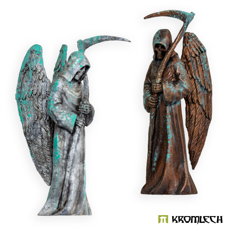 Kromlech Hive City Grim Reaper Statue in stone and bronze paint schemes, three-quarter and front views