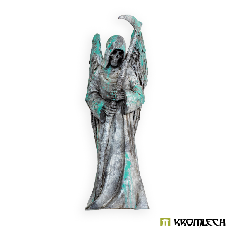 Kromlech Hive City Grim Reaper Statue painted as grey stone with verdigris, front view of the skull face and scythe
