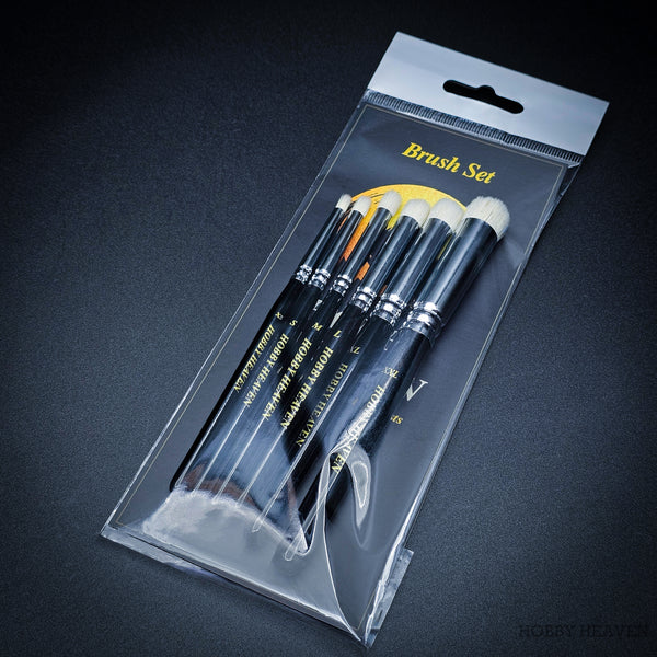 Packaged Hobby Heaven 6-piece dry brush set in clear retail bag, ideal for miniature and model painting.