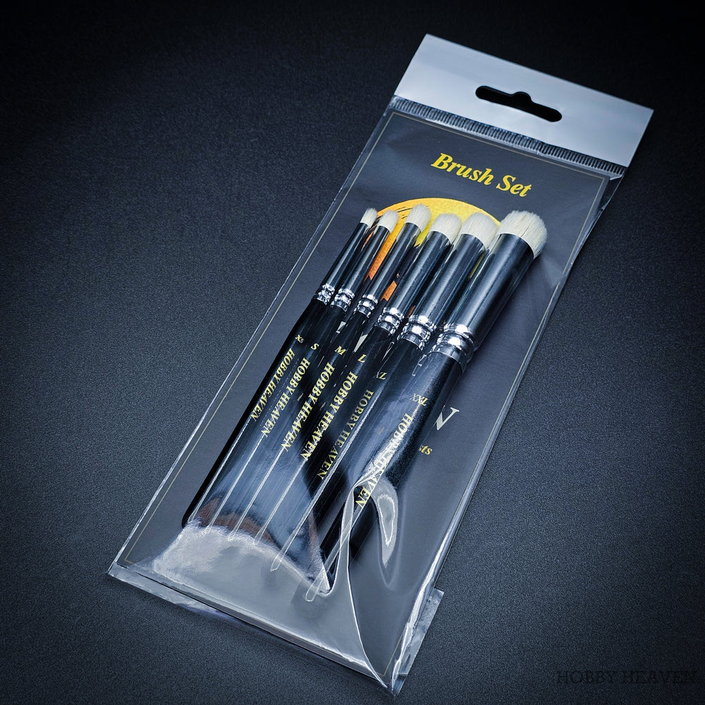 Packaged Hobby Heaven 6-piece dry brush set in clear retail bag, ideal for miniature and model painting.