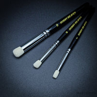 Three Hobby Heaven dry brushes shown together in small, medium and large sizes for miniature painting.
