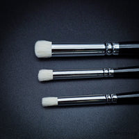 Close-up lineup of Hobby Heaven XS, S and M dry brushes showing bristle size differences.
