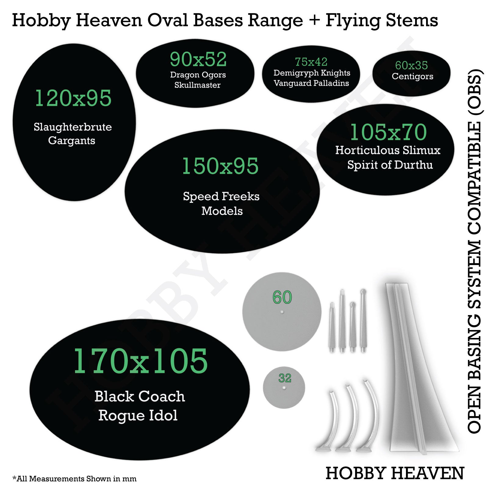 Infographic showing Hobby Heaven's Oval bases for Warhammer, including various sizes and designs available