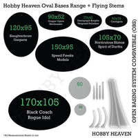 Infographic showing Hobby Heaven's Oval bases for Warhammer, including various sizes and designs available
