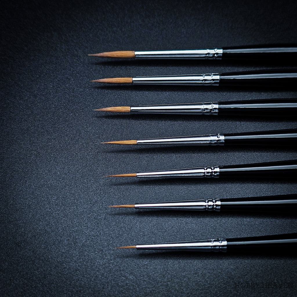 Close up of Hobby Heaven Series 3 Kolinsky Sable brush tips showing fine pointed detail
