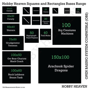 Infographic showing Hobby Heaven's square and rectangle bases for Warhammer, including various sizes and designs available