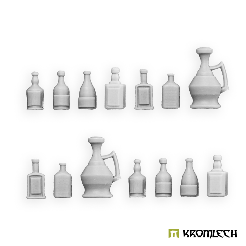 Kromlech Human Bottles: fourteen unpainted resin bottles in two rows, each row with a tall handled jug