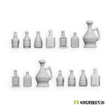 Kromlech Human Bottles: fourteen unpainted resin bottles in two rows, each row with a tall handled jug