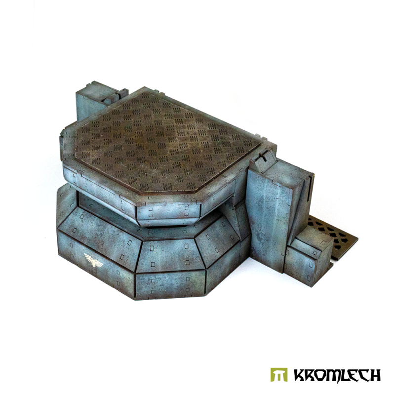 Imperial Armageddon Strongpoint painted blue-grey: faceted two-tier front under a plated roof