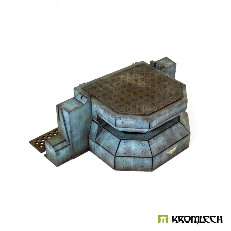 The blue-grey Armageddon Strongpoint from the other front corner, grated plate at one flank