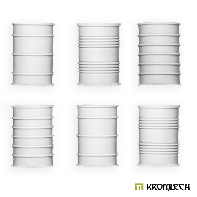 Kromlech Imperial Barrels: six unpainted resin oil drums in three ribbed patterns, two of each