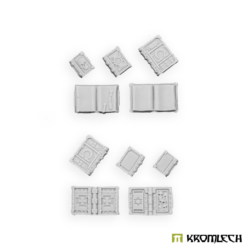 Kromlech Imperial Books of Salvation: ten unpainted resin books, open and closed, with studded decorated covers