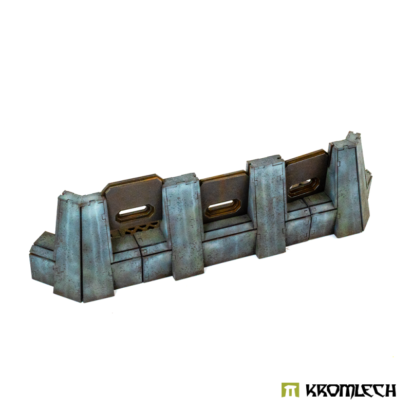 Kromlech Imperial Defense Line 45° Wall, painted: angled ends on both sides of a straight run with armoured windows