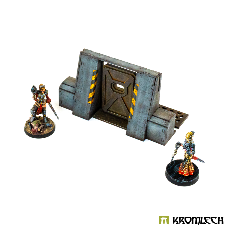 The painted gate with two painted figures beside it for scale (miniatures not included)