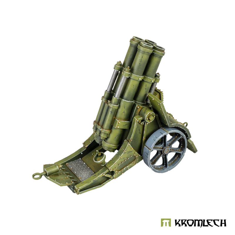 Kromlech Heavy Quad Cannon painted olive green, side view with the four barrels raised steeply over the split trail