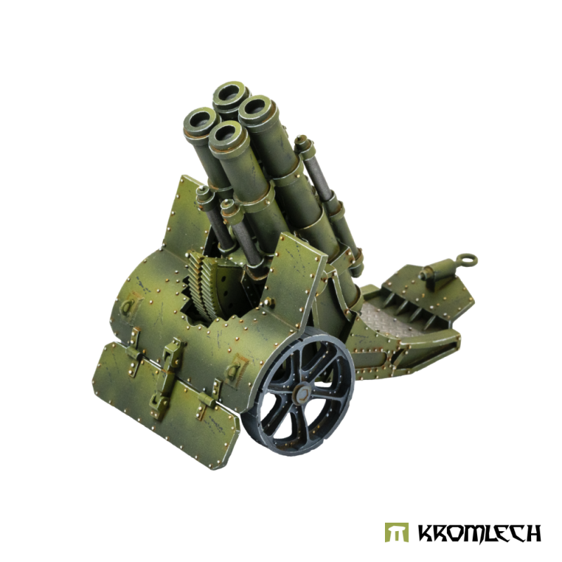 Kromlech Heavy Quad Cannon front three-quarter view with the barrel cluster raised and the shield plates open
