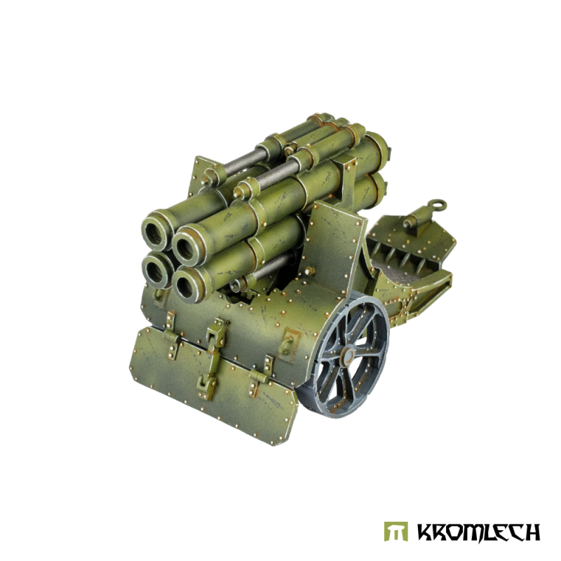 Kromlech Heavy Quad Cannon from the front: four barrels lowered level above the armoured shield plates and spoked wheels