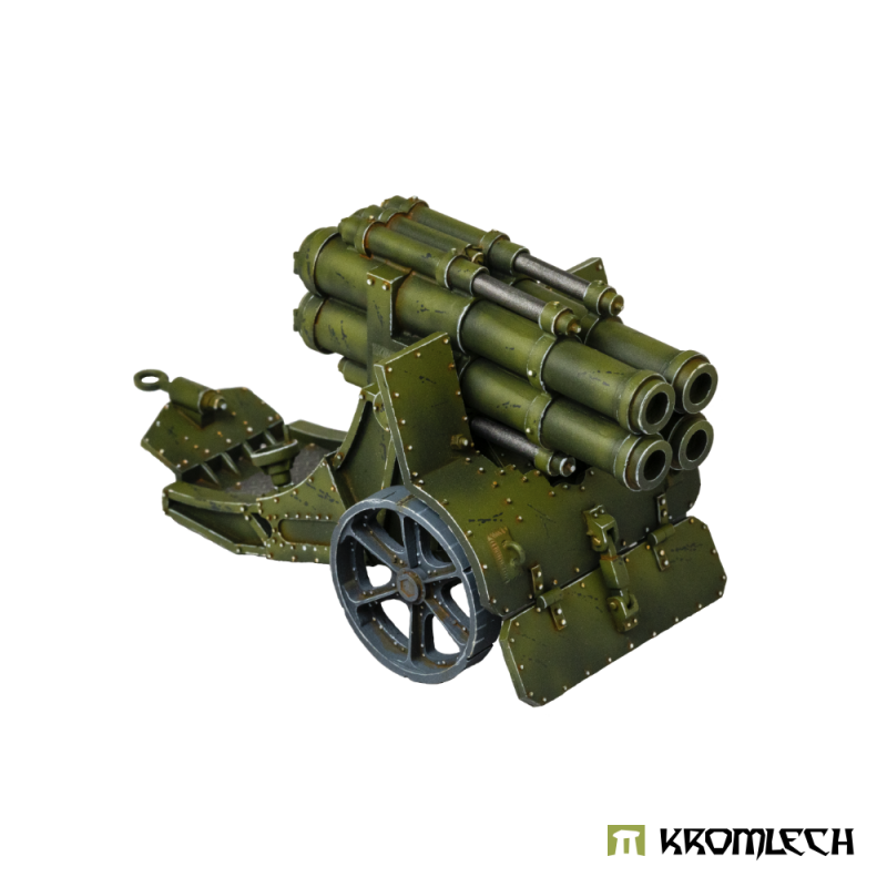 Kromlech Heavy Quad Cannon from the rear quarter, barrels lowered, showing the trail spade and towing eye