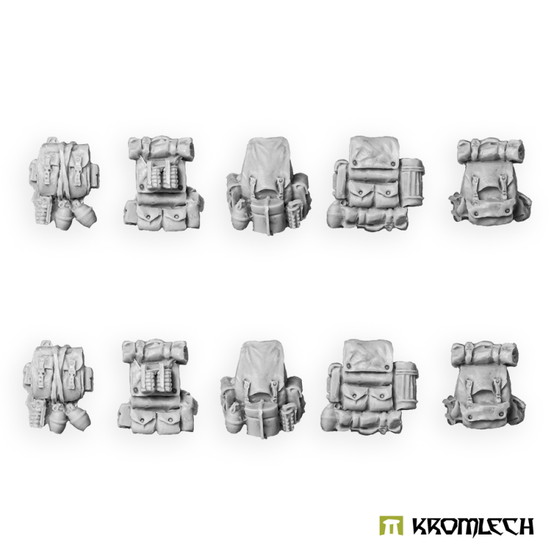 Kromlech Highlander Backpacks: ten unpainted resin packs in two rows, five designs with bedrolls and pouches