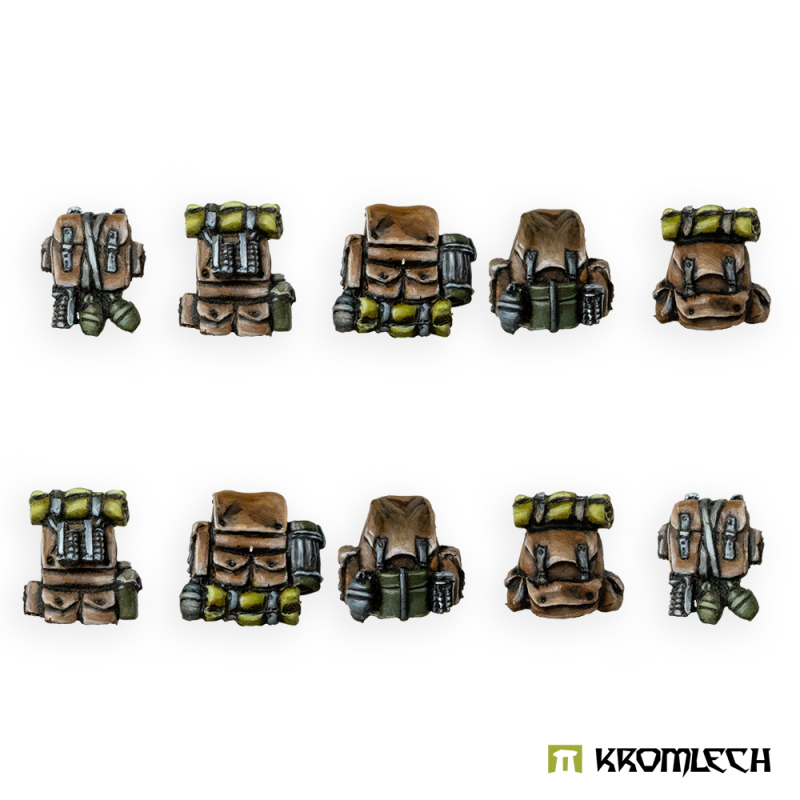Kromlech Highlander Backpacks painted in browns and greens: ten packs with bedrolls, pouches and canteens