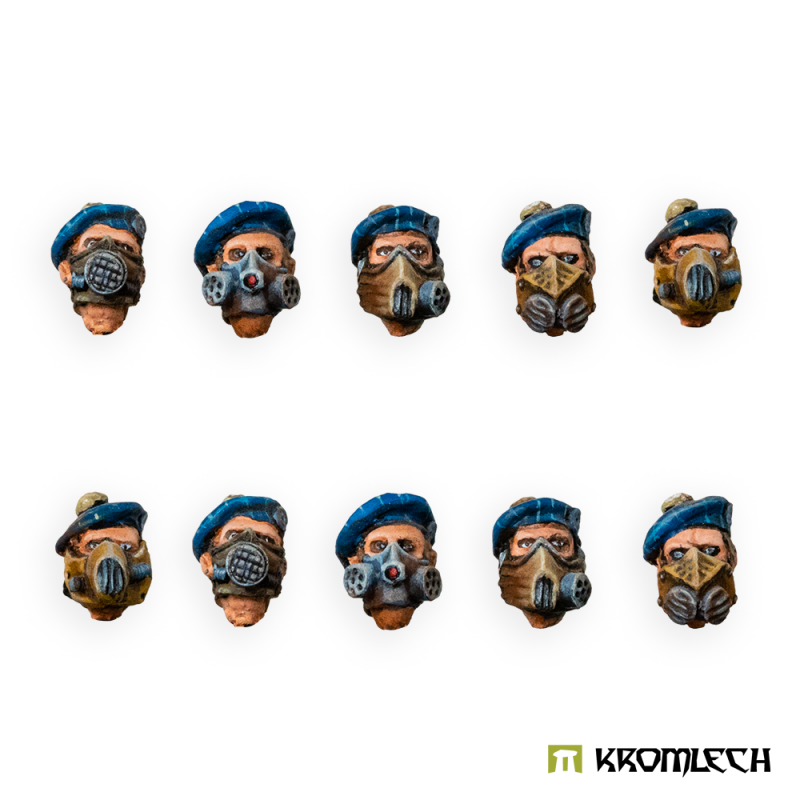 Kromlech Highlander Heads in Gasmasks all ten painted heads in blue berets, front view, five mask patterns twice over