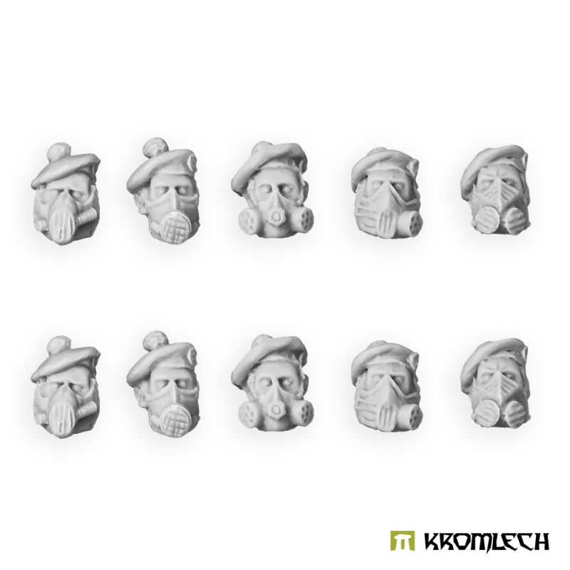 Kromlech Highlander Heads in Gasmasks ten unpainted resin heads as supplied, two copies of each of five gasmask designs