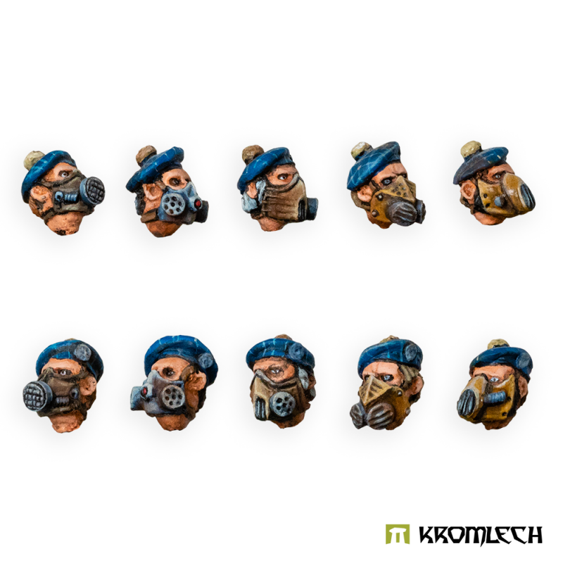 Kromlech Highlander Heads in Gasmasks the ten painted heads turned three-quarter, showing the mask filters and beret pompoms