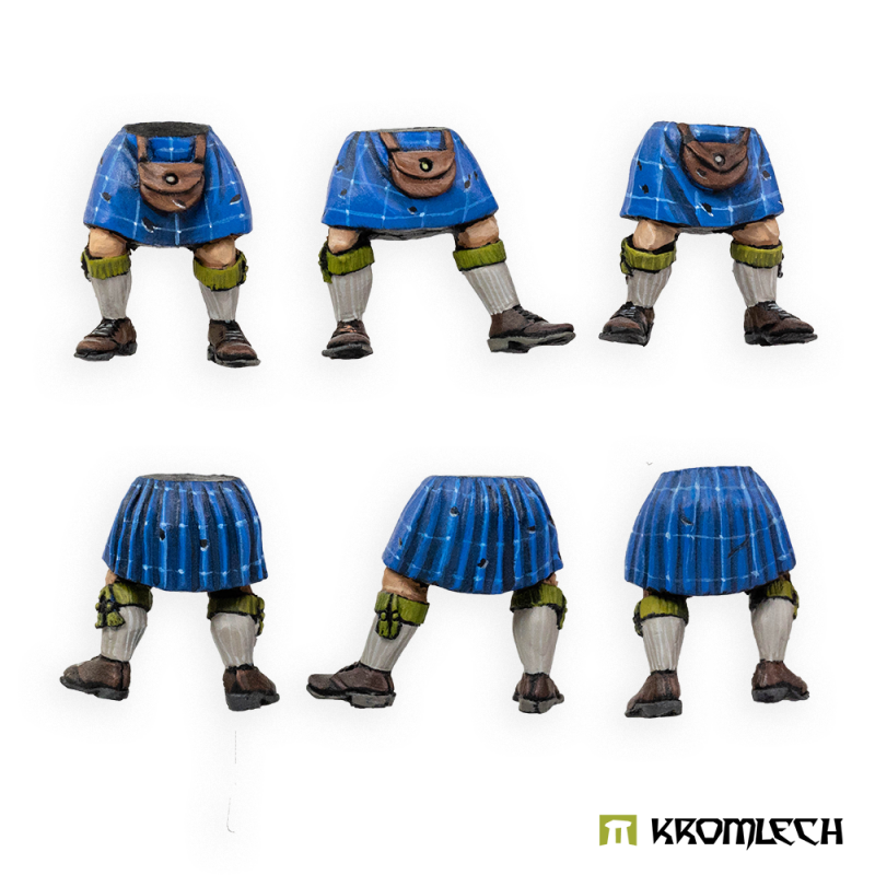 Kromlech Highlanders Legs painted with blue tartan kilts, front and rear views of the three designs