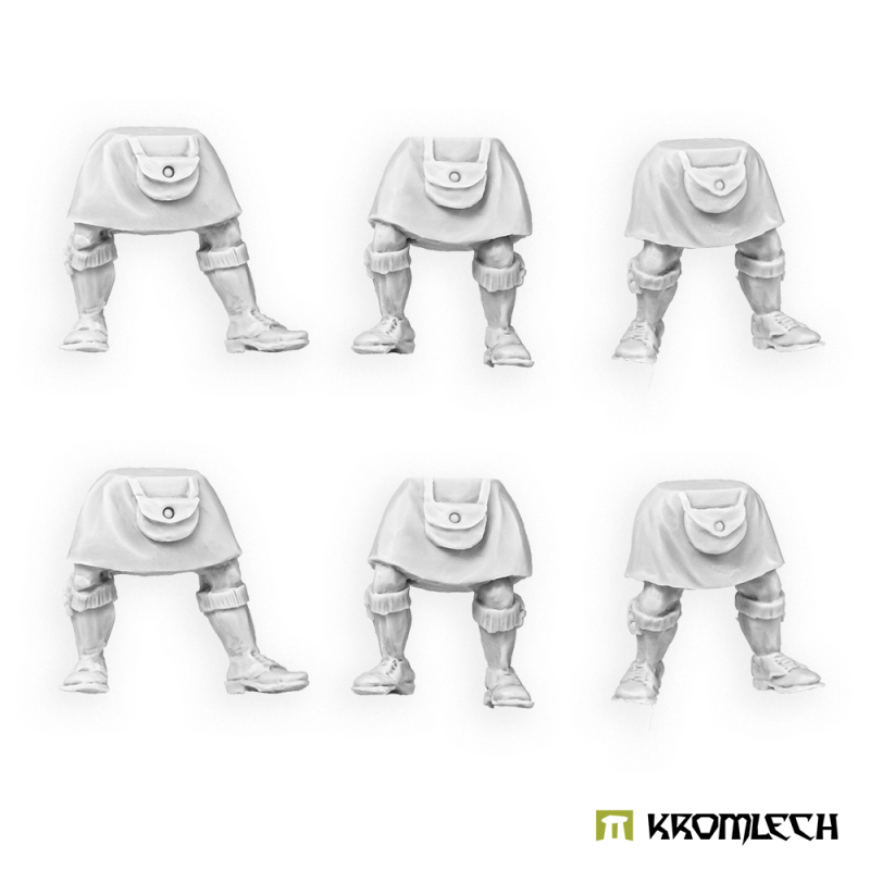 Kromlech Highlanders Legs: six unpainted standing legs in kilts with pouches, knee pads and long socks