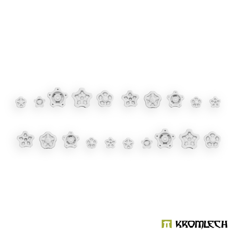 Kromlech Industrial Knobs: twenty unpainted resin knobs in star, scalloped and wheel shapes, in two rows