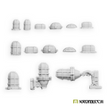 Kromlech Industrial Lamps: fourteen unpainted resin lamps, caged, domed and flat, plus two on pipe brackets