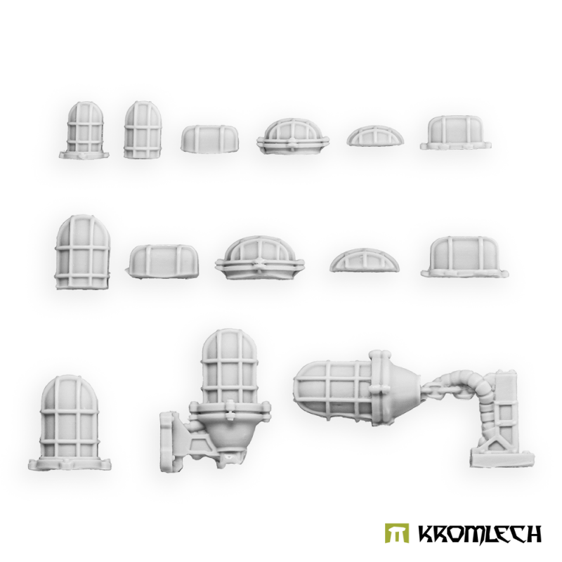 Kromlech Industrial Lamps: fourteen unpainted resin lamps, caged, domed and flat, plus two on pipe brackets