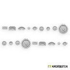 Kromlech Industrial Needle Indicators: eighteen unpainted resin gauges cut free, two rows of the nine designs