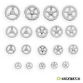 Kromlech Industrial Valves: nineteen unpainted resin handwheels in four rows, from large to small