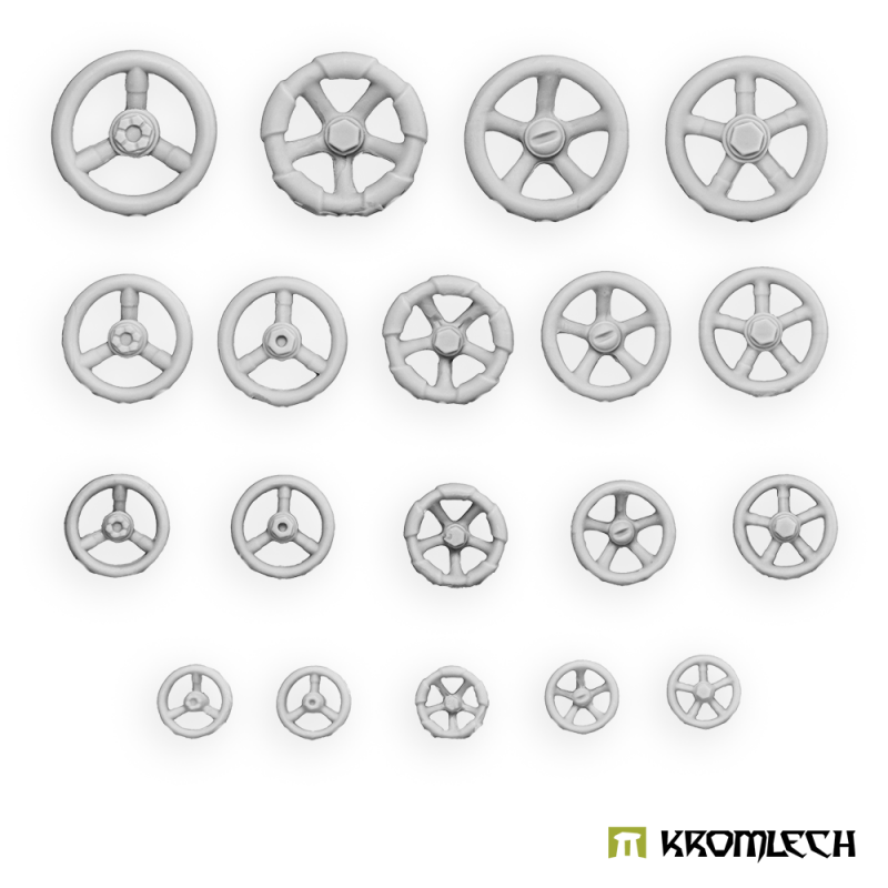 Kromlech Industrial Valves: nineteen unpainted resin handwheels in four rows, from large to small