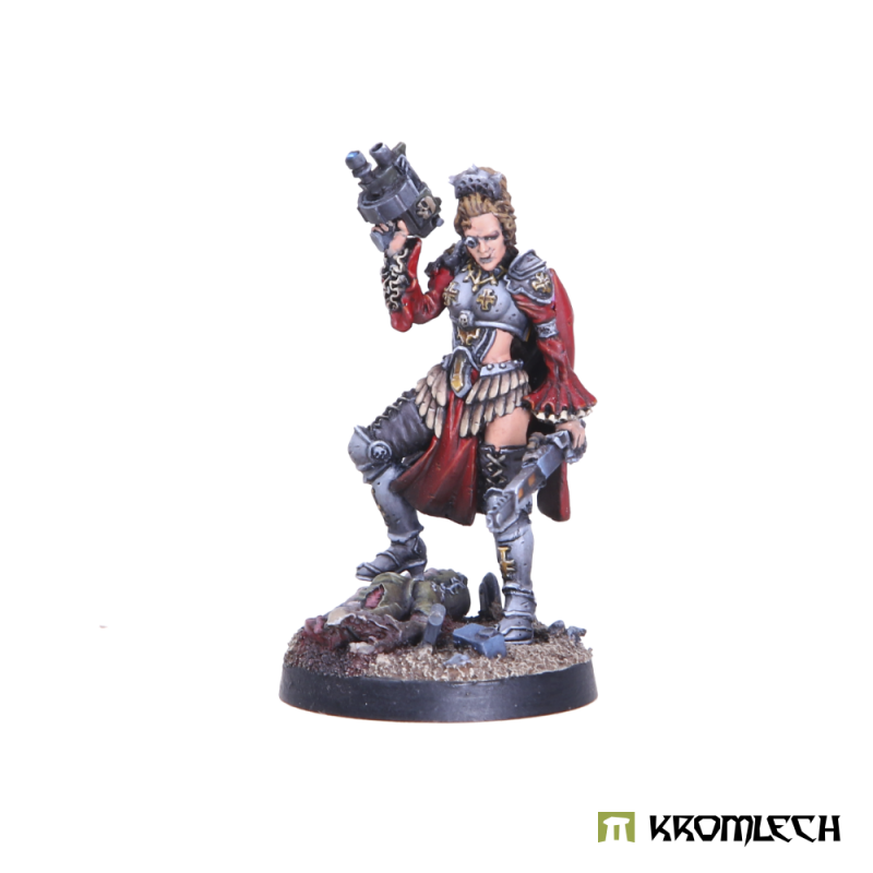 Kromlech Ingrid von Schwarzheim painted, front view: pistol raised, red-lined cloak, a slain mutant under her feet