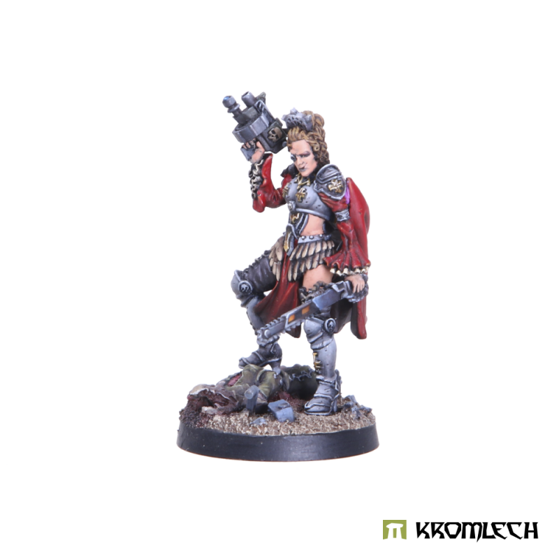 Kromlech Ingrid von Schwarzheim painted three-quarter view, pistol raised beside her head