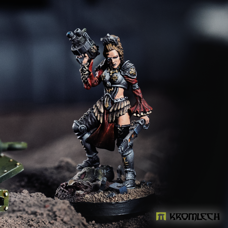 Kromlech Ingrid von Schwarzheim painted on a dark battlefield, pistol raised