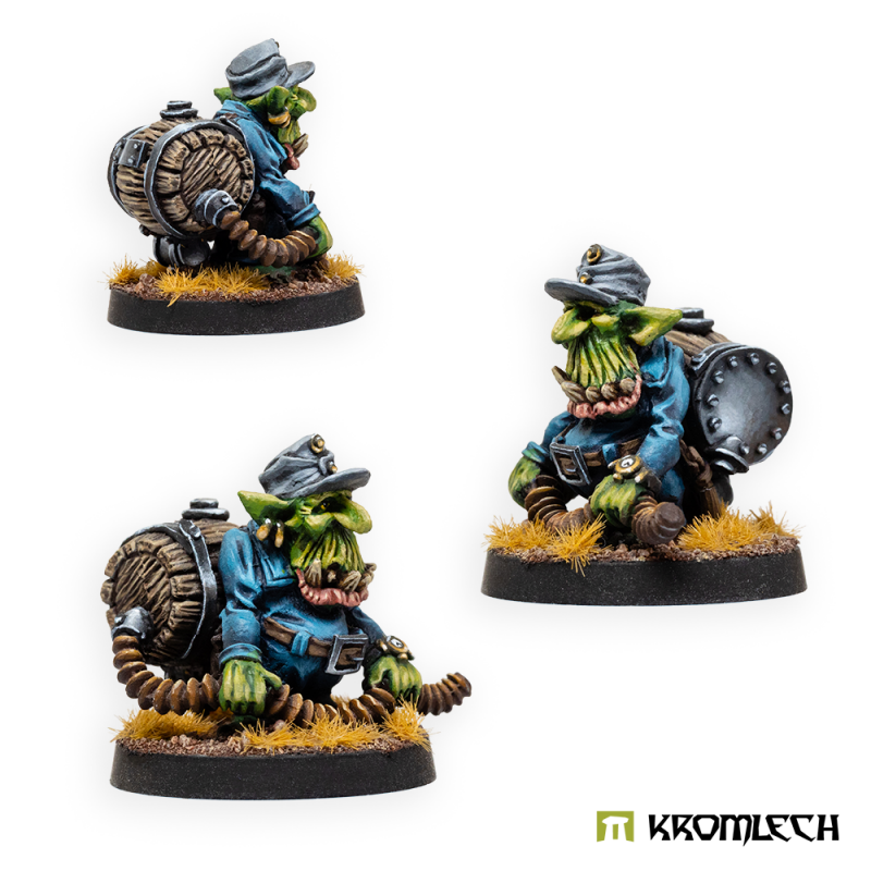 Kromlech Greatcoat Korps Goblin Flamer Team painted fuel carrier with a banded barrel on his back, three views