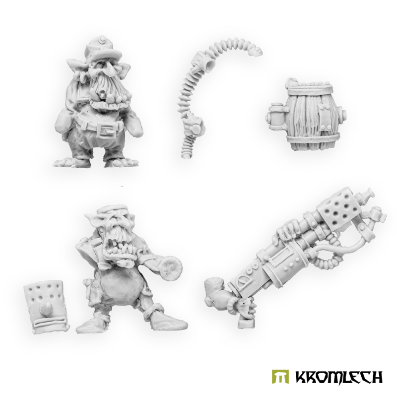 Kromlech Greatcoat Korps Goblin Flamer Team unpainted resin parts: two bodies, flamer, hose, barrel, mask plate