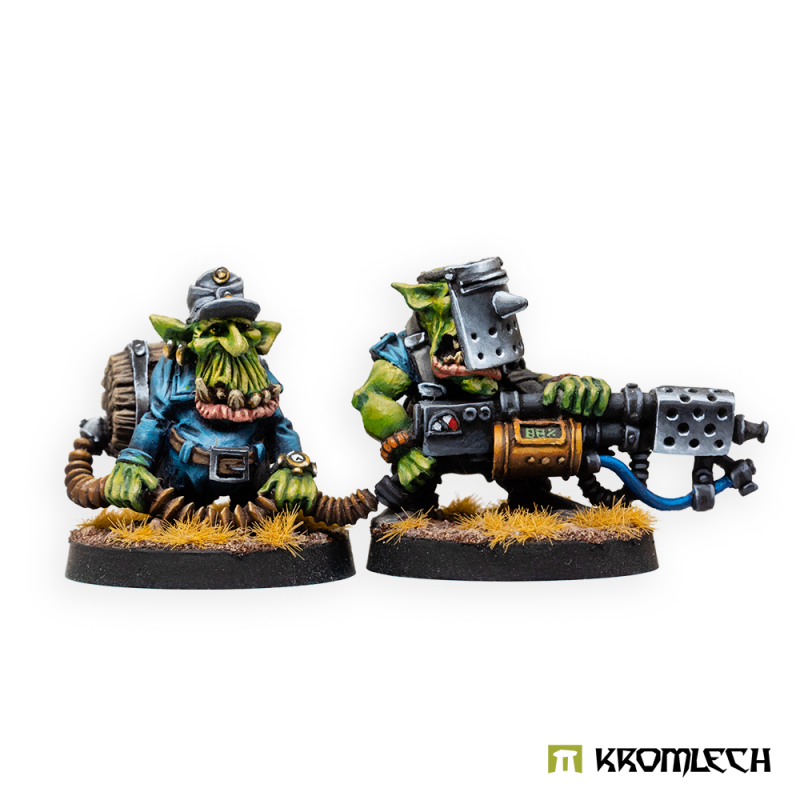 Kromlech Greatcoat Korps Goblin Flamer Team painted: masked flamer operator beside the fuel barrel carrier