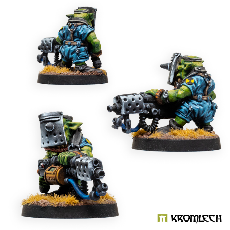 Kromlech Greatcoat Korps Goblin Flamer Team painted flamer operator in a riveted mask, three views