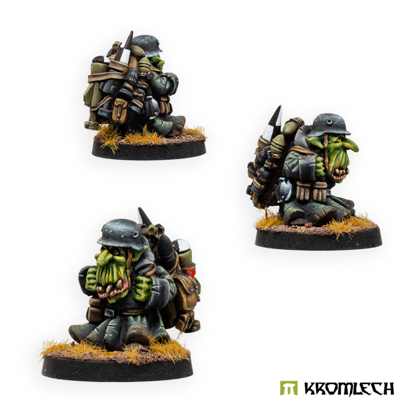 Kromlech Greatcoat Korps Goblin Tank Hunters painted ammo carrier with a rocket backpack, three views