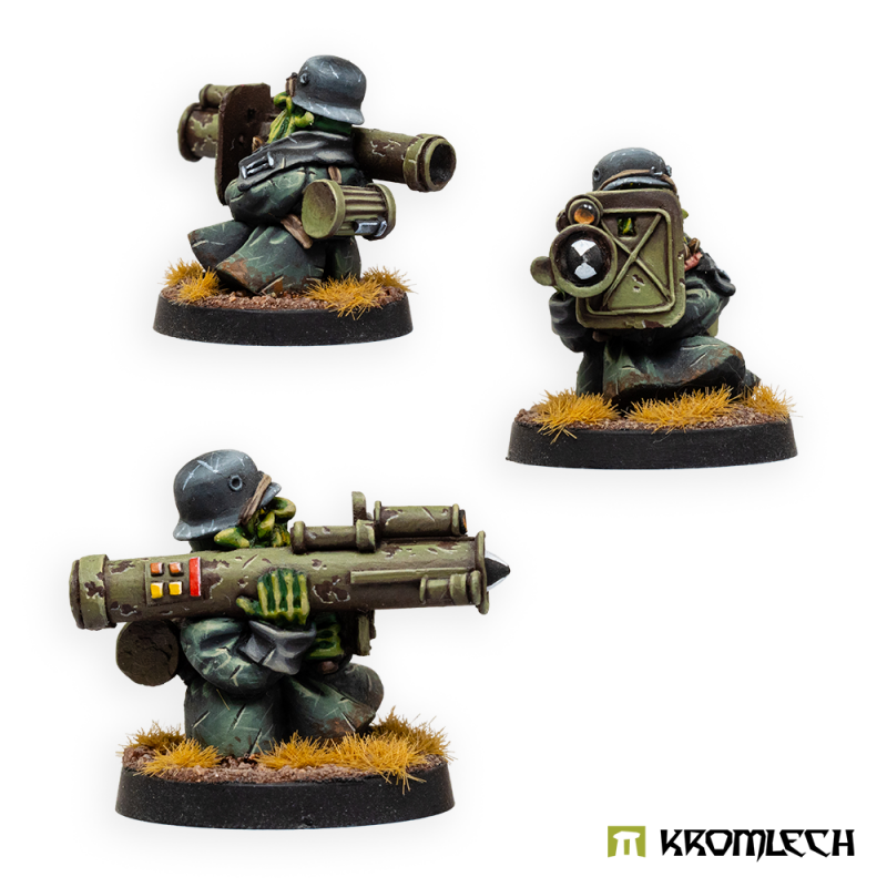 Kromlech Greatcoat Korps Goblin Tank Hunters painted gunner with a shielded missile launcher, three views