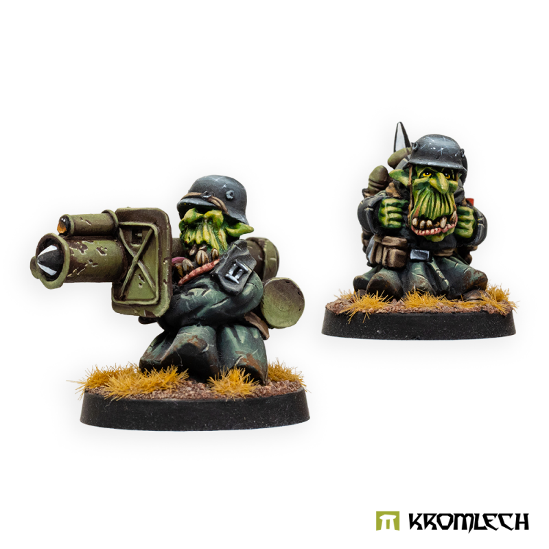 Kromlech Greatcoat Korps Goblin Tank Hunters painted: missile launcher gunner and ammo carrier