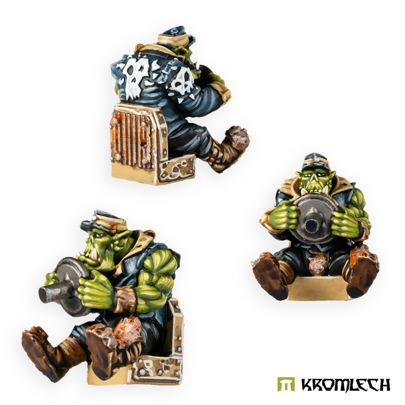 Kromlech Orc Greatcoat Driver painted, three views including the skull emblem on his back