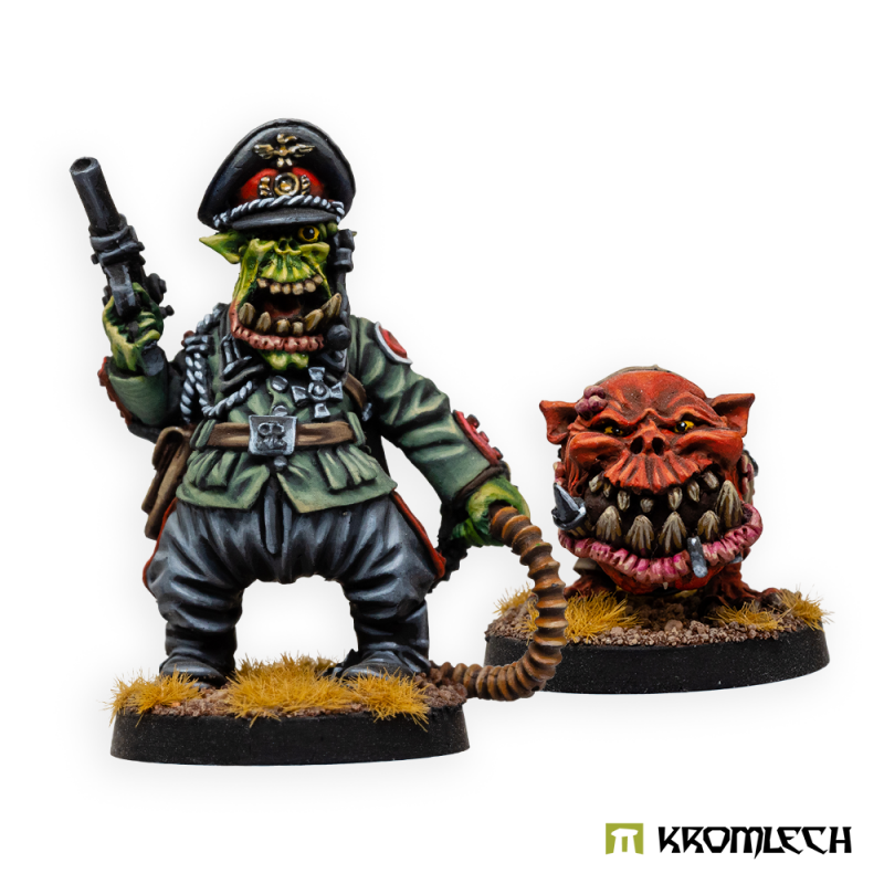 Kromlech Orc Greatcoat Taskmaster with Gnawhound painted: officer in cap with pistol and whip, red spiked hound