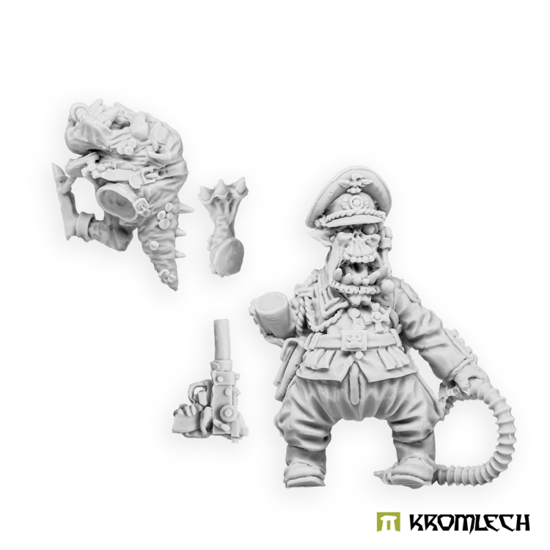 Kromlech Orc Greatcoat Taskmaster with Gnawhound unpainted resin parts: officer, hound, pistol arm and whip